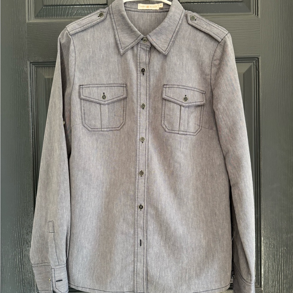 Tory Burch Womens Designer Gray Button Down Shirt Size 10